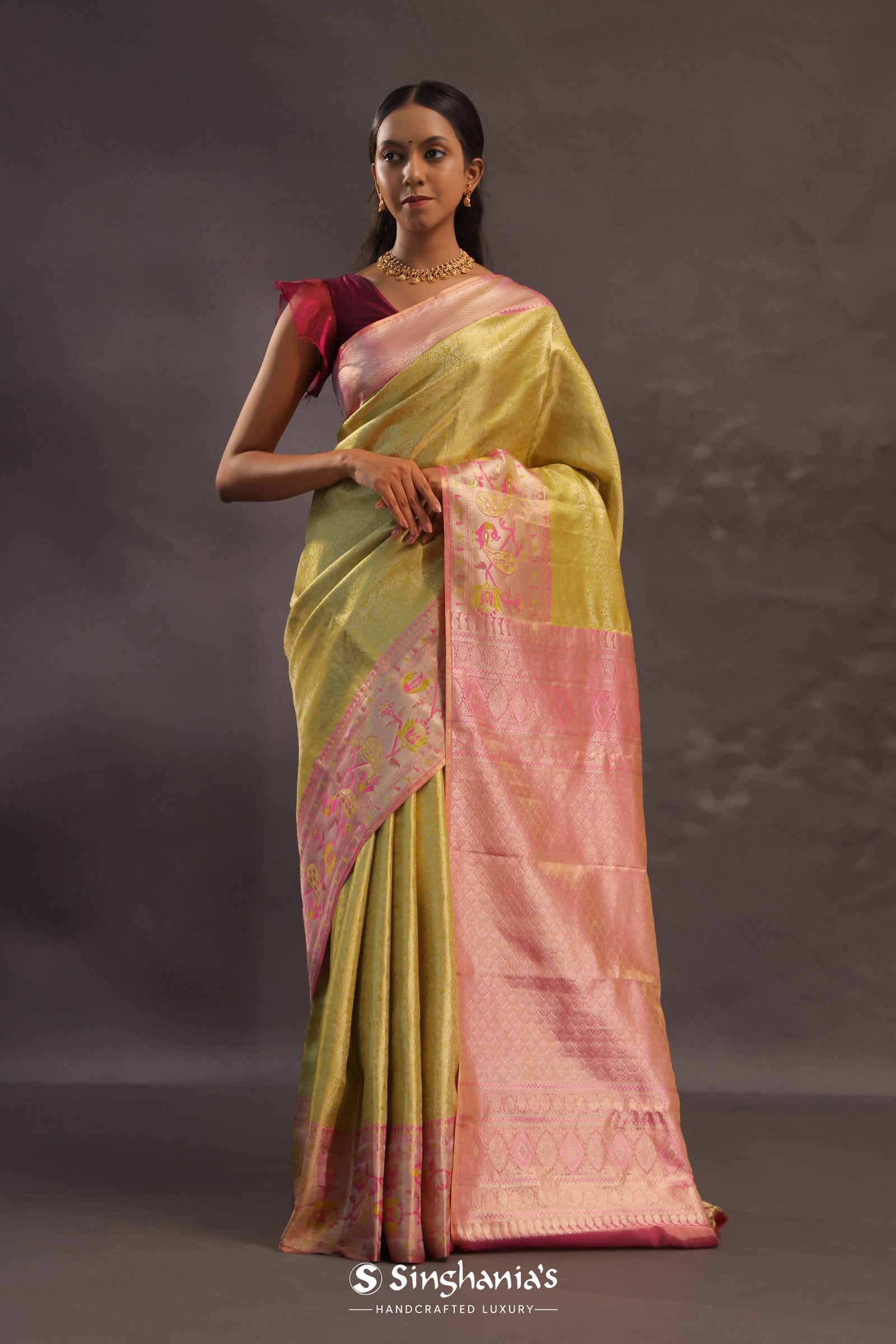 Golden Yellow Kanjivaram Tissue Silk Saree With Baby Pink Border