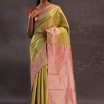 Golden Yellow Kanjivaram Tissue Silk Saree With Baby Pink Border