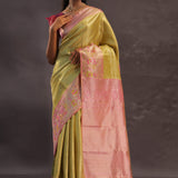Golden Yellow Kanjivaram Tissue Silk Saree With Baby Pink Border