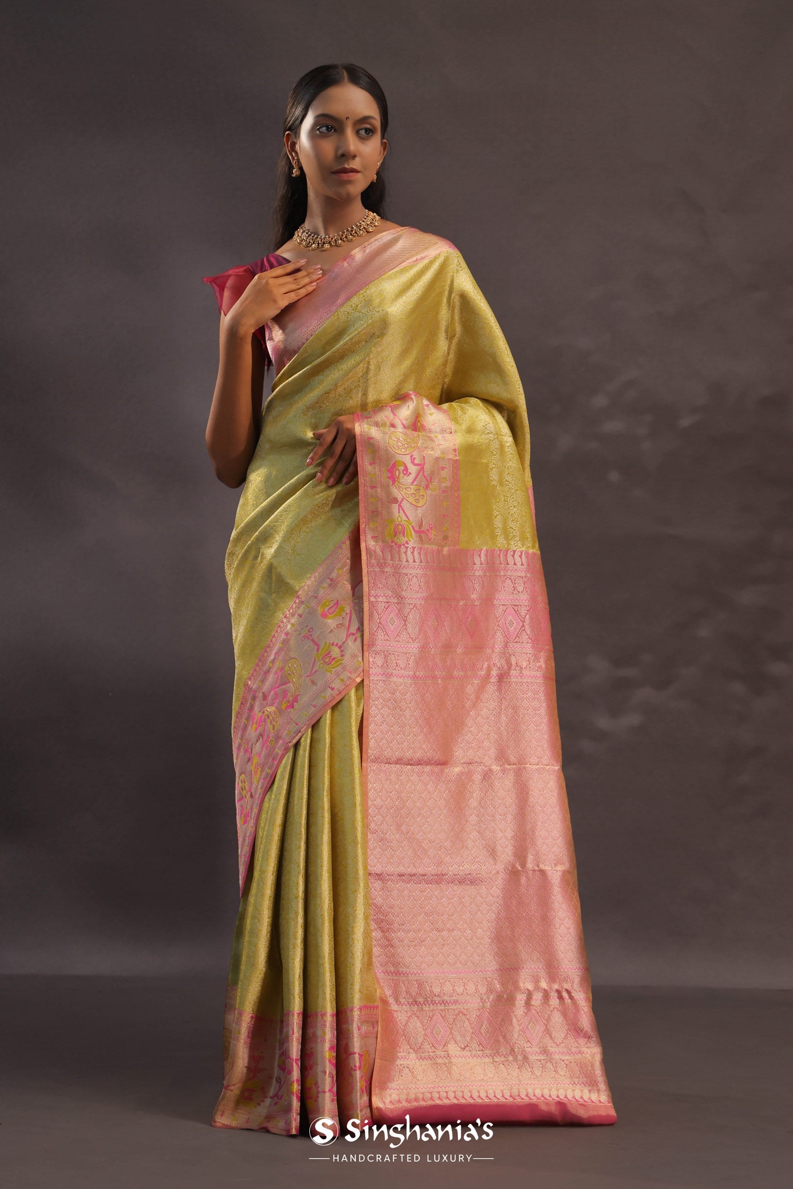 Golden Yellow Kanjivaram Tissue Silk Saree With Baby Pink Border