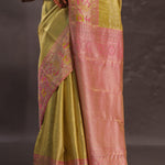 Golden Yellow Kanjivaram Tissue Silk Saree With Baby Pink Border
