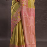 Golden Yellow Kanjivaram Tissue Silk Saree With Baby Pink Border