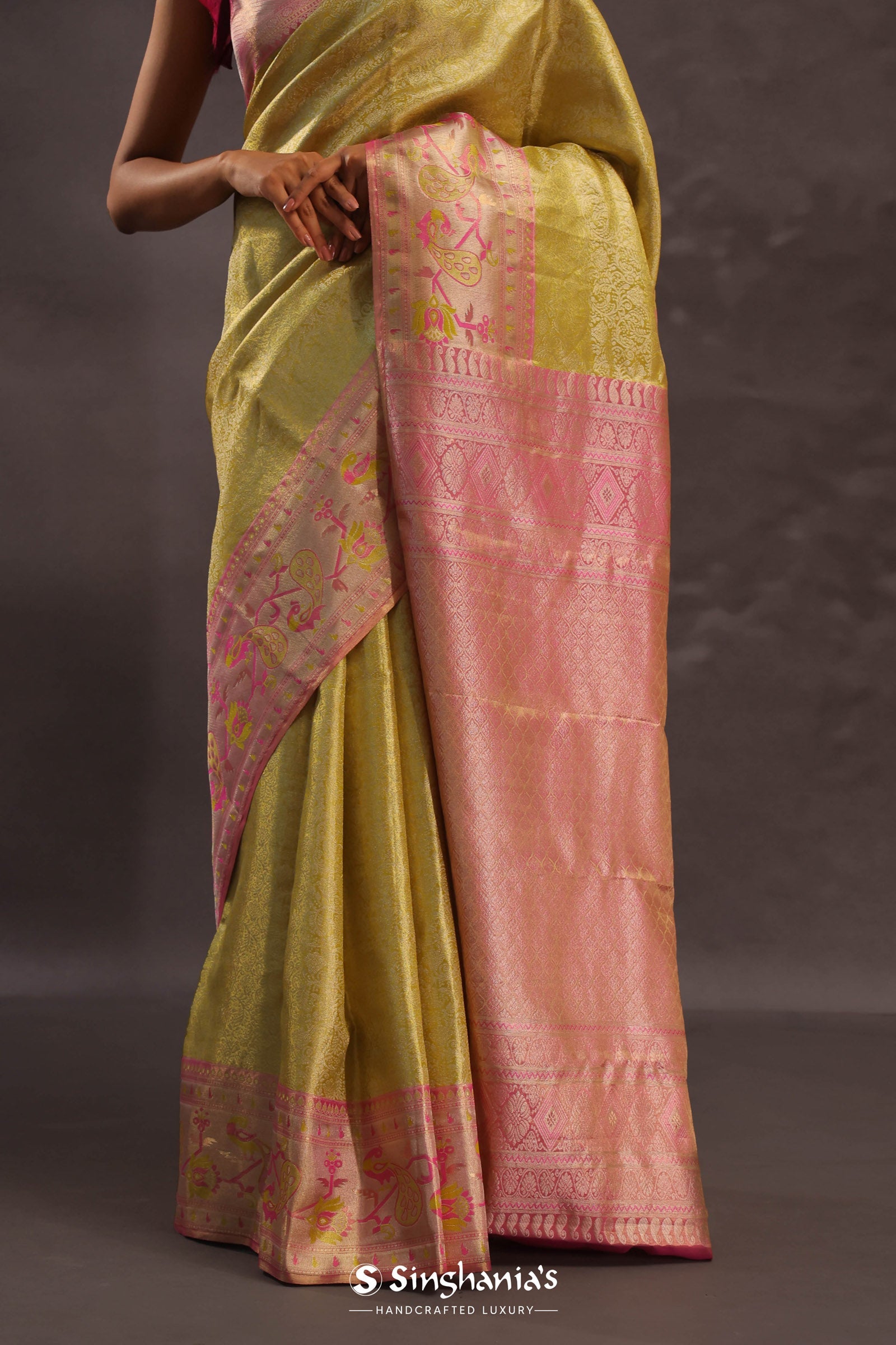 Golden Yellow Kanjivaram Tissue Silk Saree With Baby Pink Border