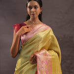 Golden Yellow Kanjivaram Tissue Silk Saree With Baby Pink Border
