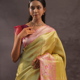 Golden Yellow Kanjivaram Tissue Silk Saree With Baby Pink Border