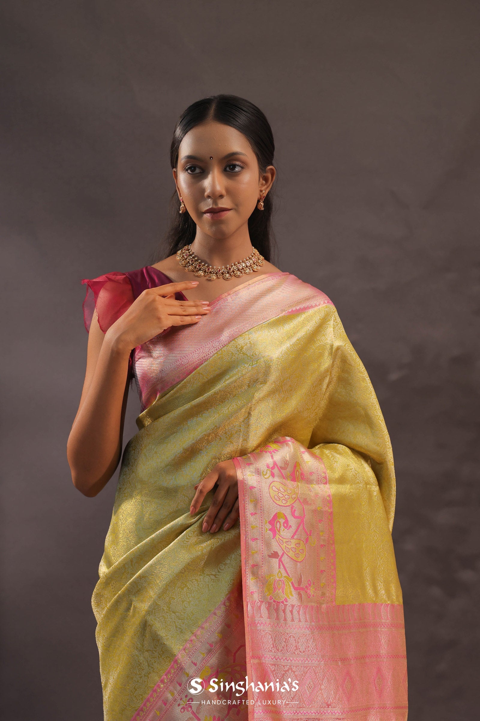 Golden Yellow Kanjivaram Tissue Silk Saree With Baby Pink Border