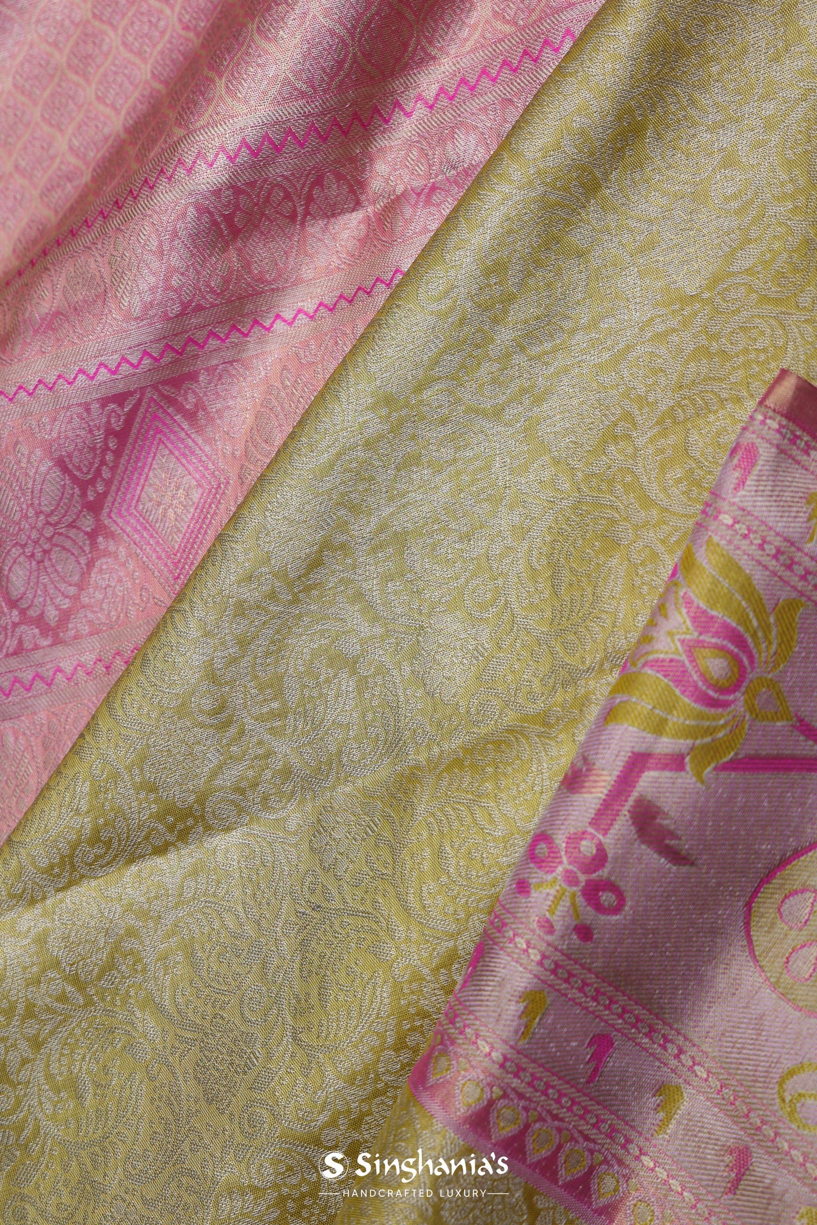 Golden Yellow Kanjivaram Tissue Silk Saree With Baby Pink Border