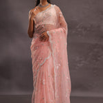 Soft Peach Organza Embroidery Saree With Pearl And Sequins Detailed
