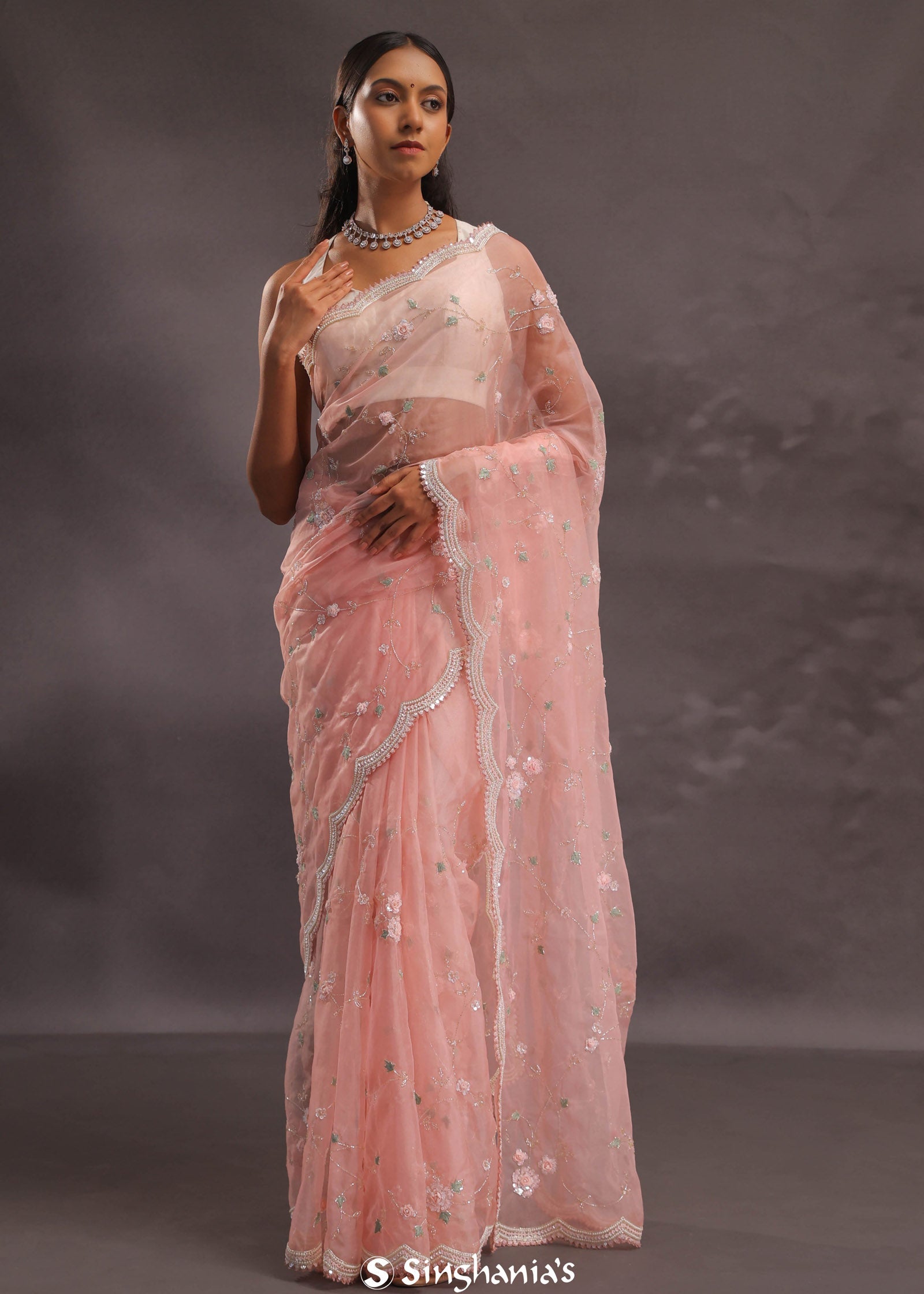 Soft Peach Organza Embroidery Saree With Pearl And Sequins Detailed