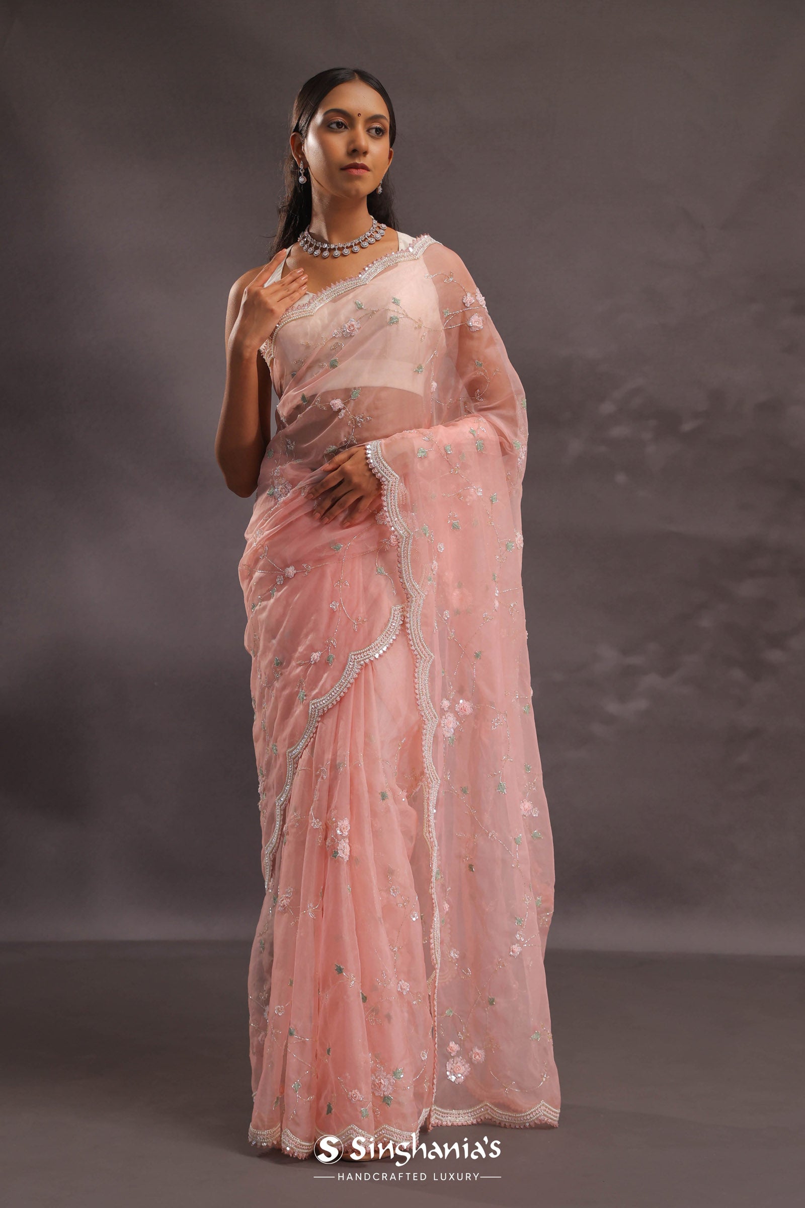Soft Peach Organza Embroidery Saree With Pearl And Sequins Detailed