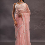 Soft Peach Organza Embroidery Saree With Pearl And Sequins Detailed