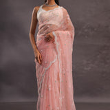 Soft Peach Organza Embroidery Saree With Pearl And Sequins Detailed
