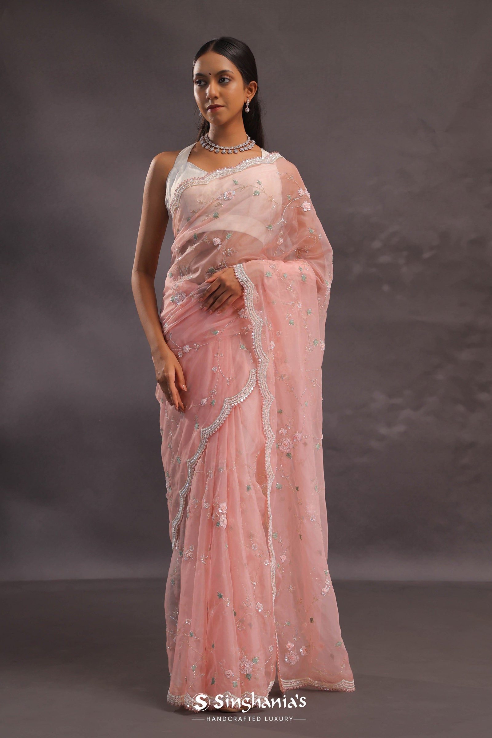 Soft Peach Organza Embroidery Saree With Pearl And Sequins Detailed