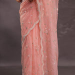 Soft Peach Organza Embroidery Saree With Pearl And Sequins Detailed