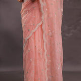 Soft Peach Organza Embroidery Saree With Pearl And Sequins Detailed