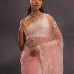Soft Peach Organza Embroidery Saree With Pearl And Sequins Detailed