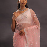 Soft Peach Organza Embroidery Saree With Pearl And Sequins Detailed