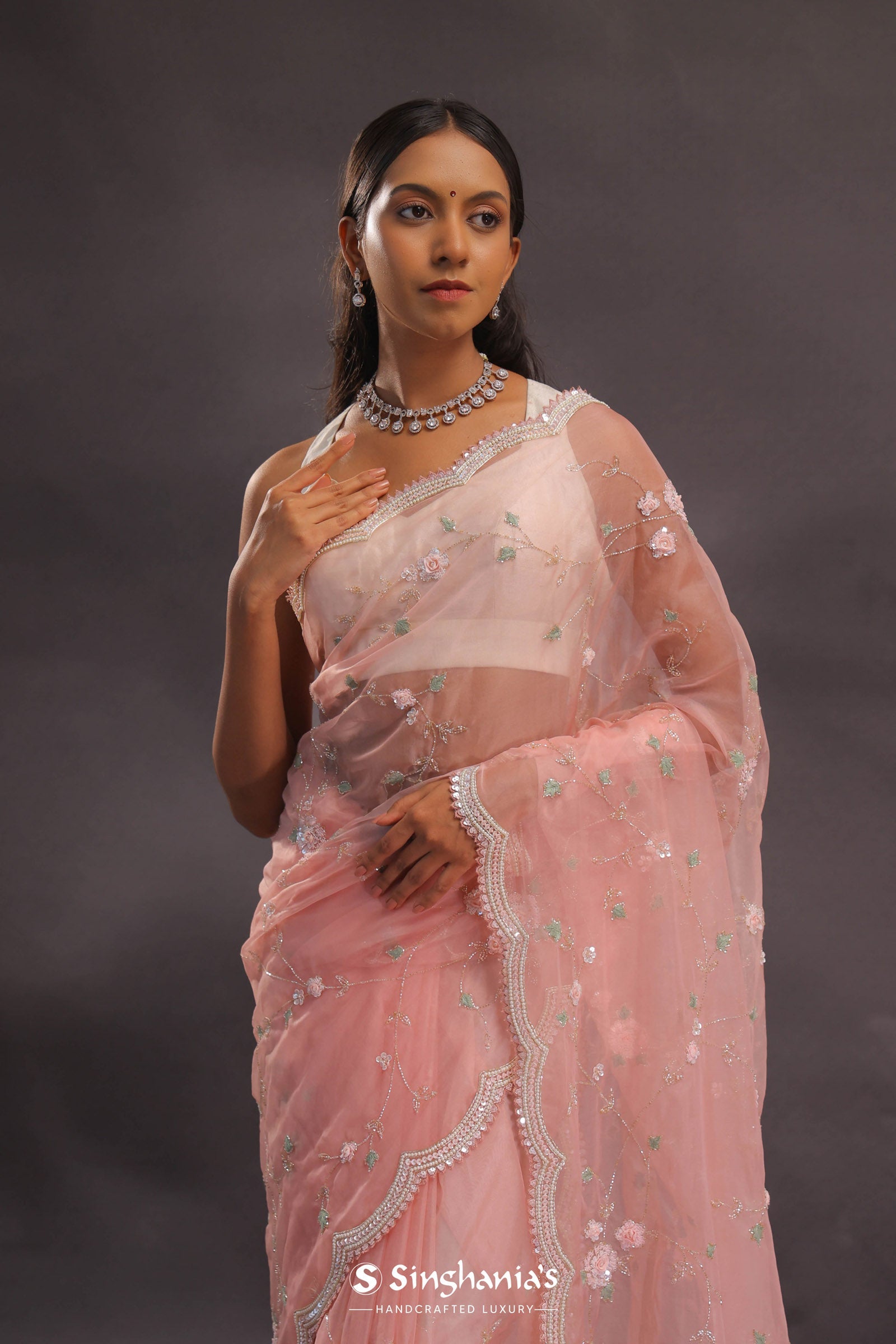 Soft Peach Organza Embroidery Saree With Pearl And Sequins Detailed