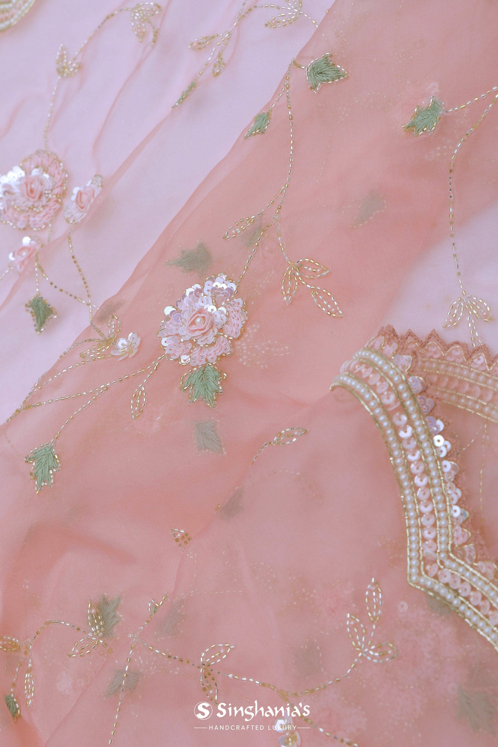 Soft Peach Organza Embroidery Saree With Pearl And Sequins Detailed
