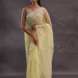 Soft Yellow Organza Embroidery Saree With Pearls And Sequins Detailing