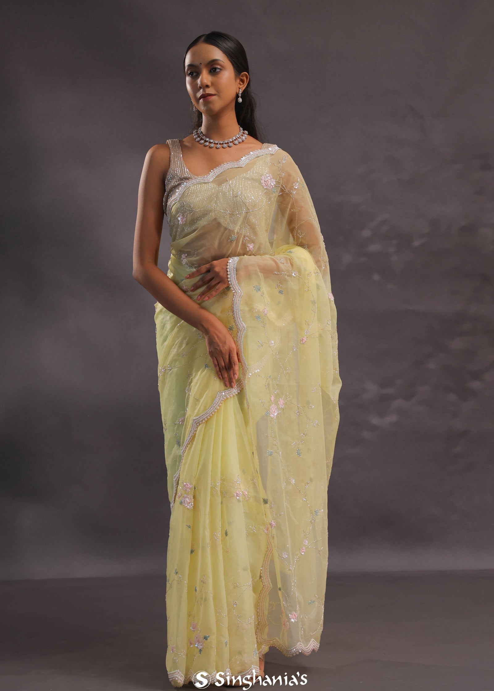 Soft Yellow Organza Embroidery Saree With Pearls And Sequins Detailing