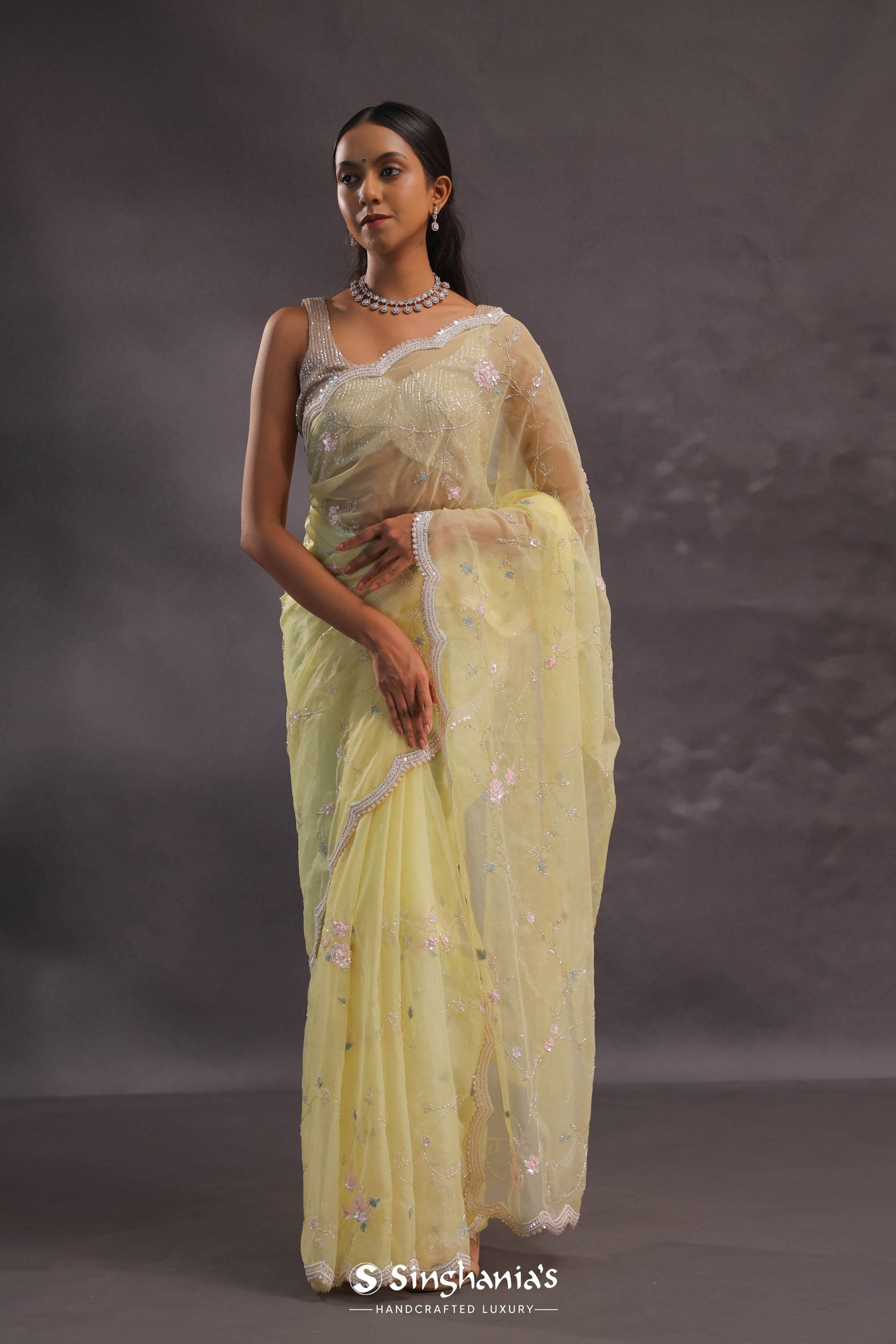Soft Yellow Organza Embroidery Saree With Pearls And Sequins Detailing