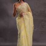 Soft Yellow Organza Embroidery Saree With Pearls And Sequins Detailing