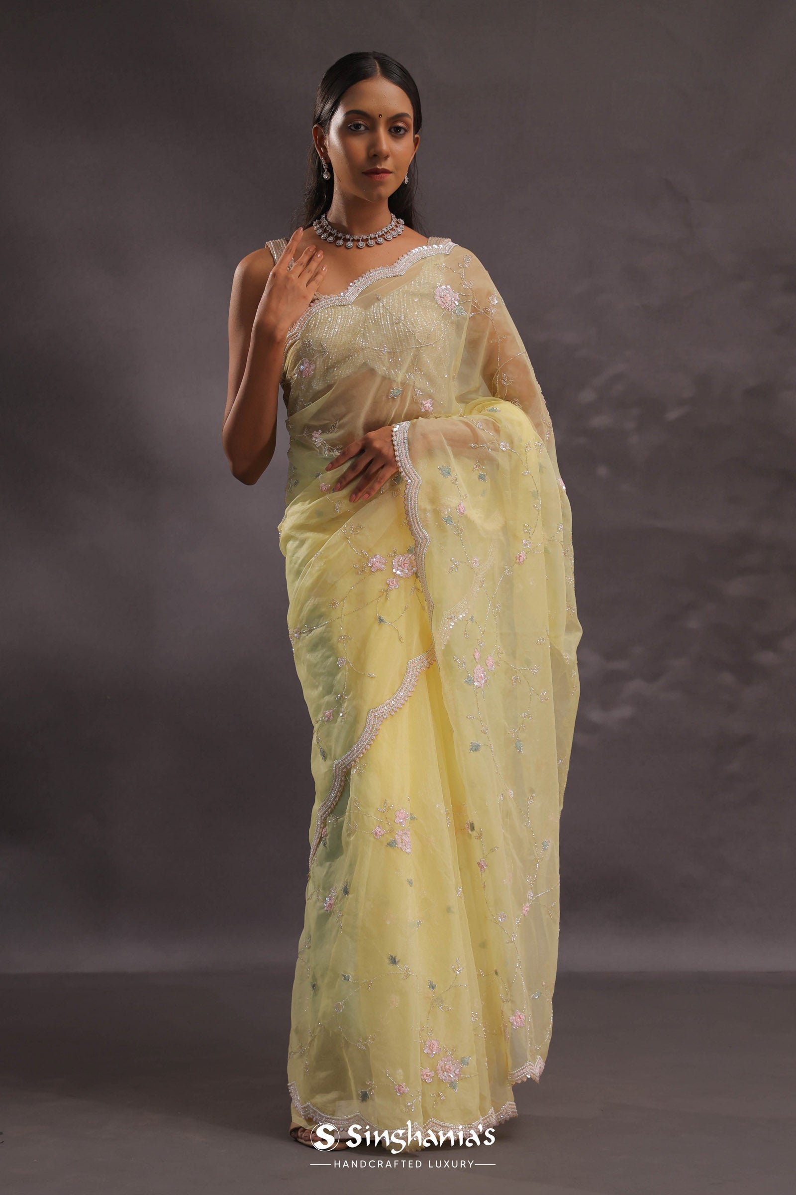 Soft Yellow Organza Embroidery Saree With Pearls And Sequins Detailing