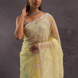 Soft Yellow Organza Embroidery Saree With Pearls And Sequins Detailing