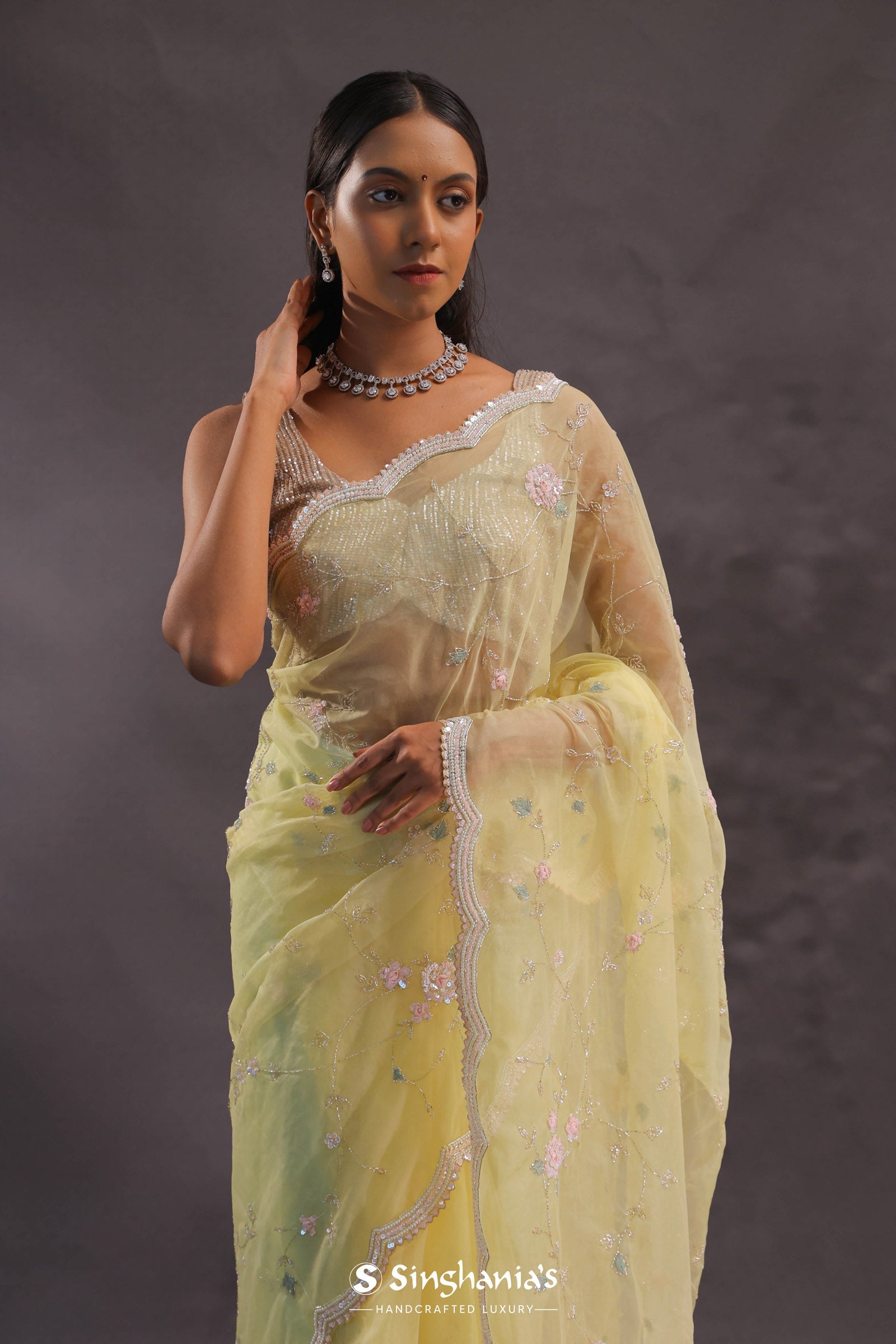 Soft Yellow Organza Embroidery Saree With Pearls And Sequins Detailing