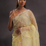 Soft Yellow Organza Embroidery Saree With Pearls And Sequins Detailing