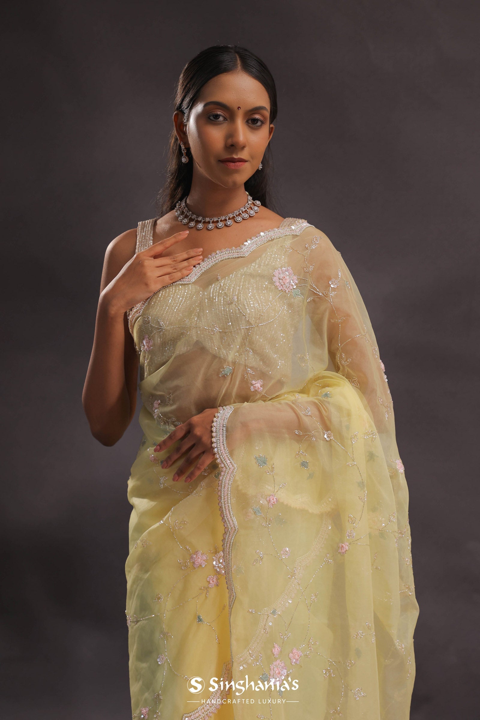 Soft Yellow Organza Embroidery Saree With Pearls And Sequins Detailing
