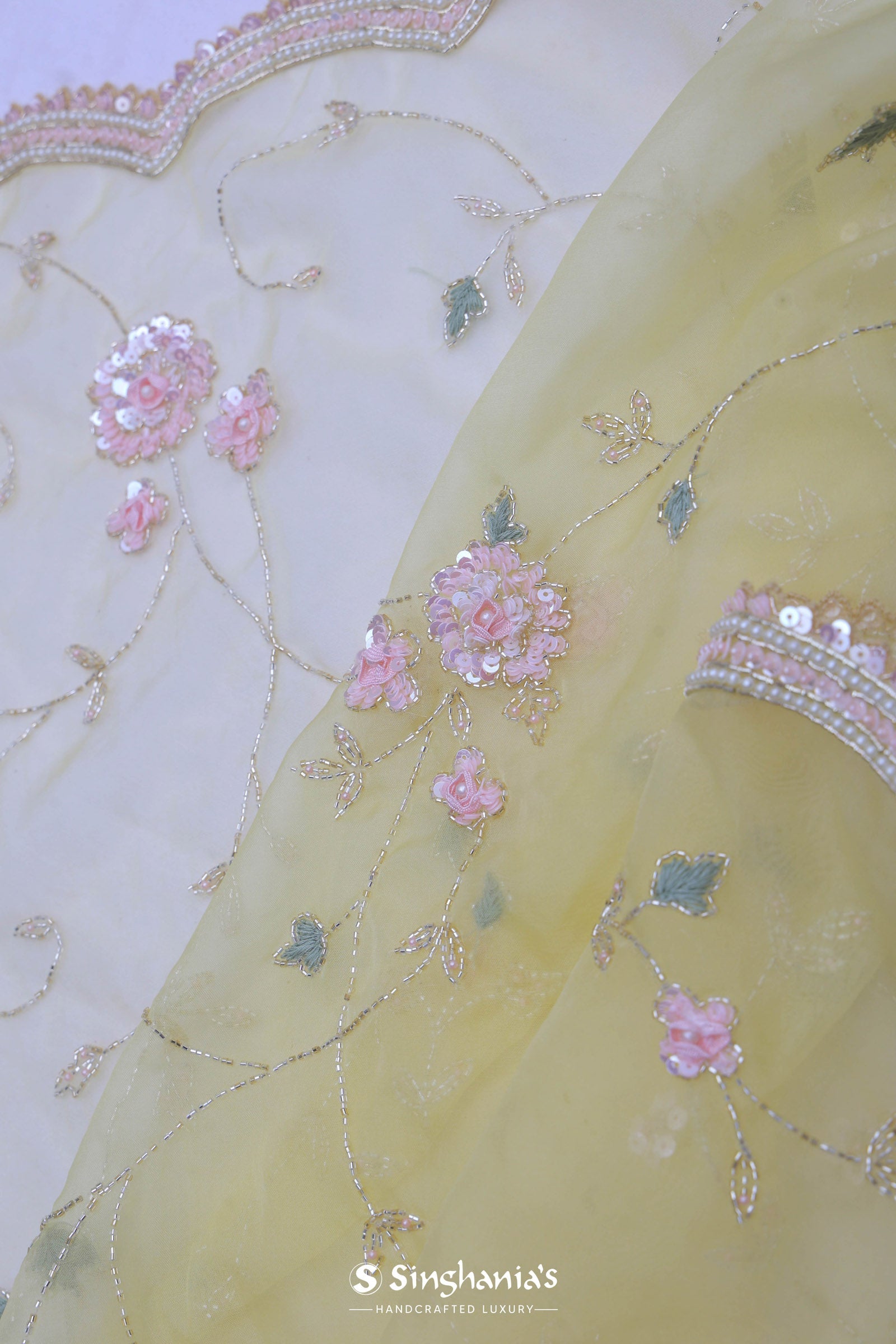 Soft Yellow Organza Embroidery Saree With Pearls And Sequins Detailing