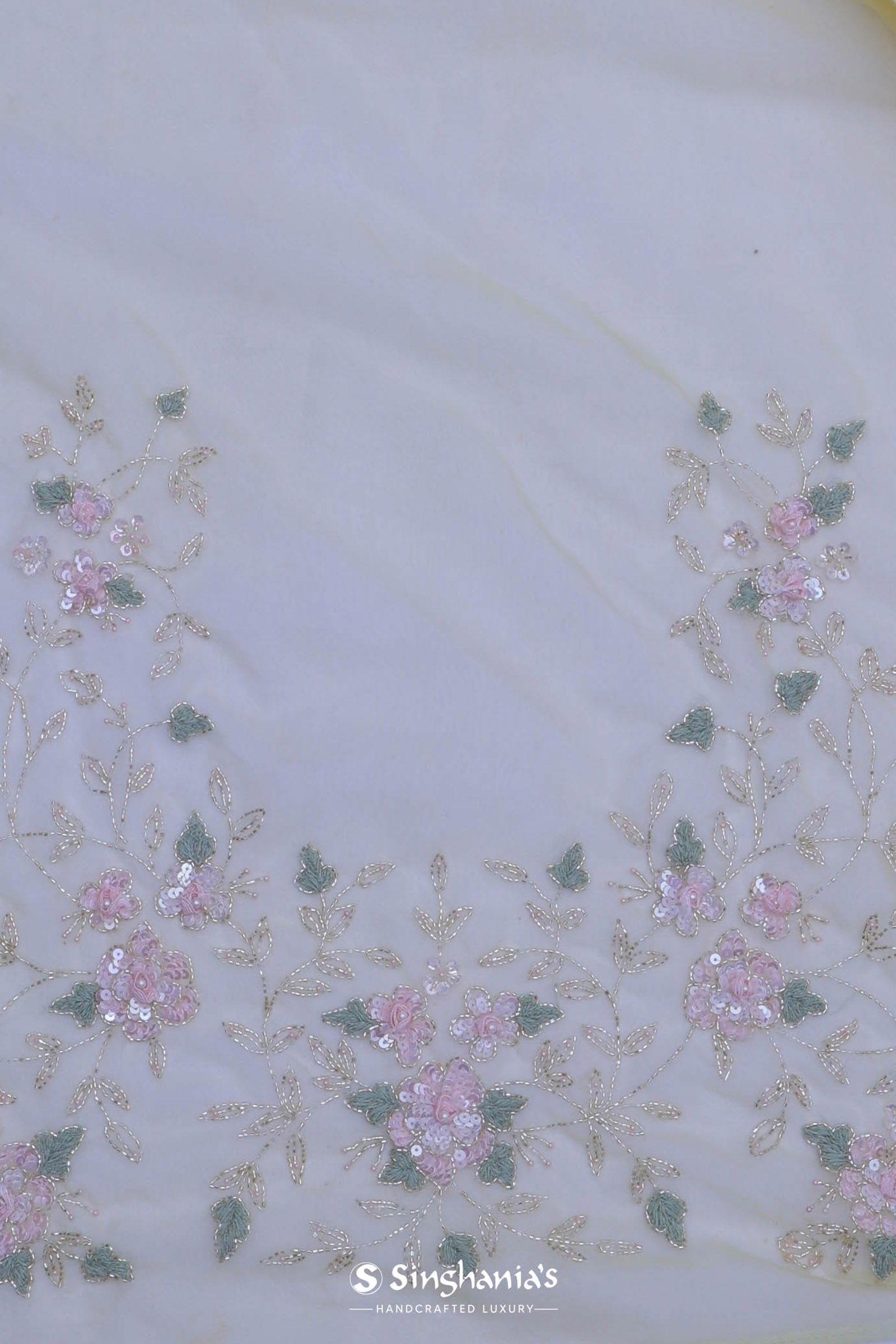 Soft Yellow Organza Embroidery Saree With Pearls And Sequins Detailing