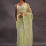 Soft Oilve Green Organza Embroidery Saree With Scallop Border