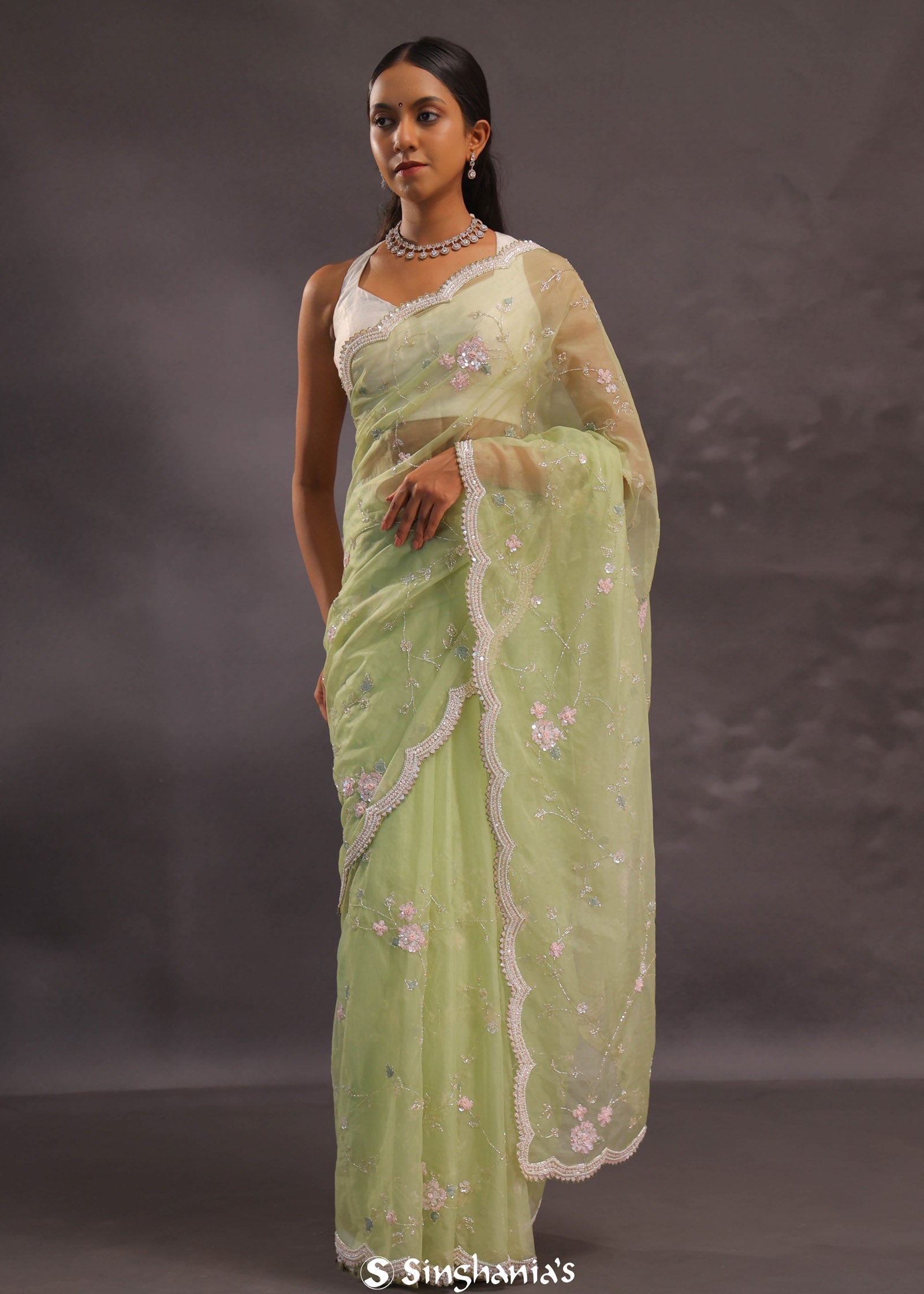 Soft Oilve Green Organza Embroidery Saree With Scallop Border