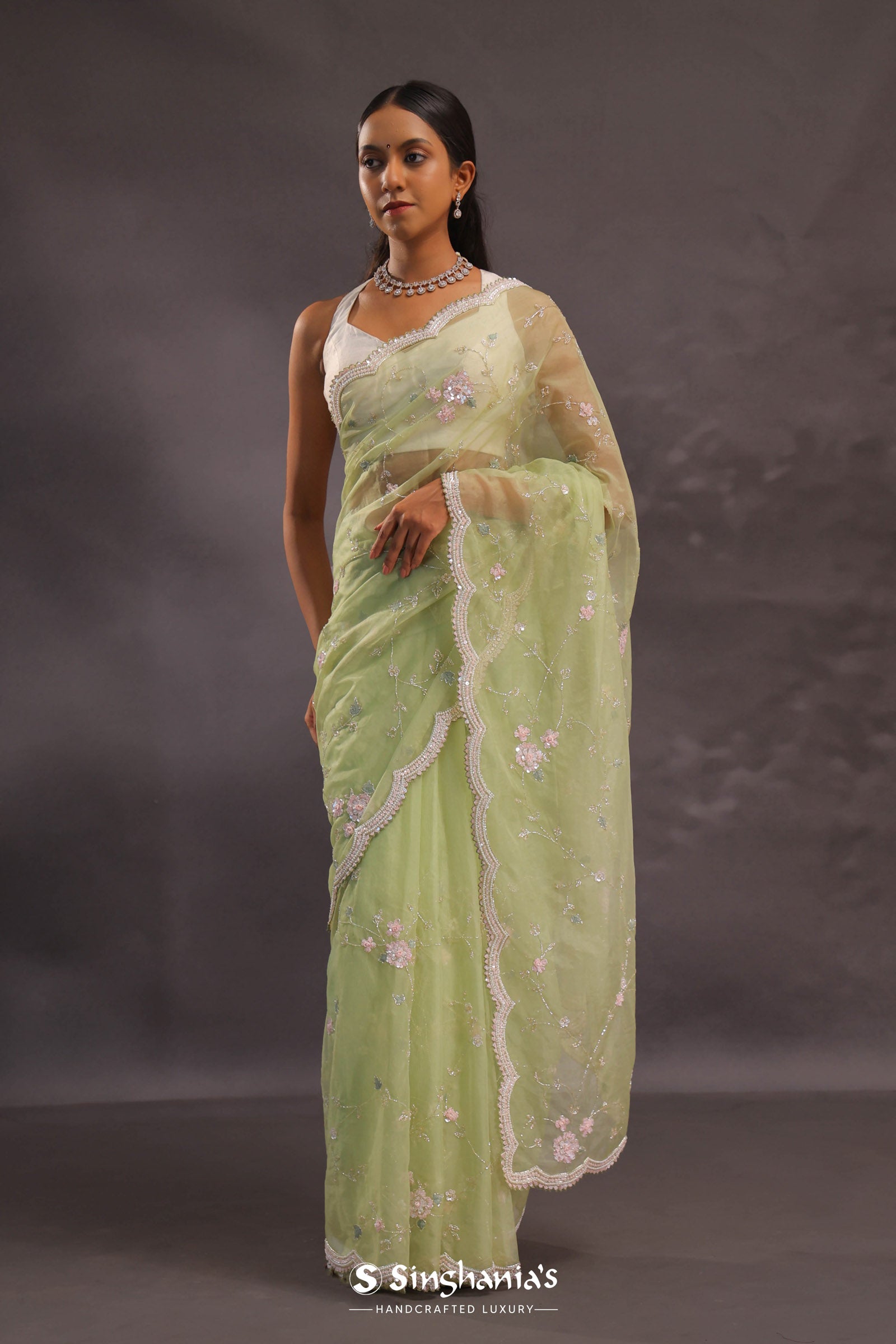 Soft Oilve Green Organza Embroidery Saree With Scallop Border