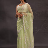 Soft Oilve Green Organza Embroidery Saree With Scallop Border