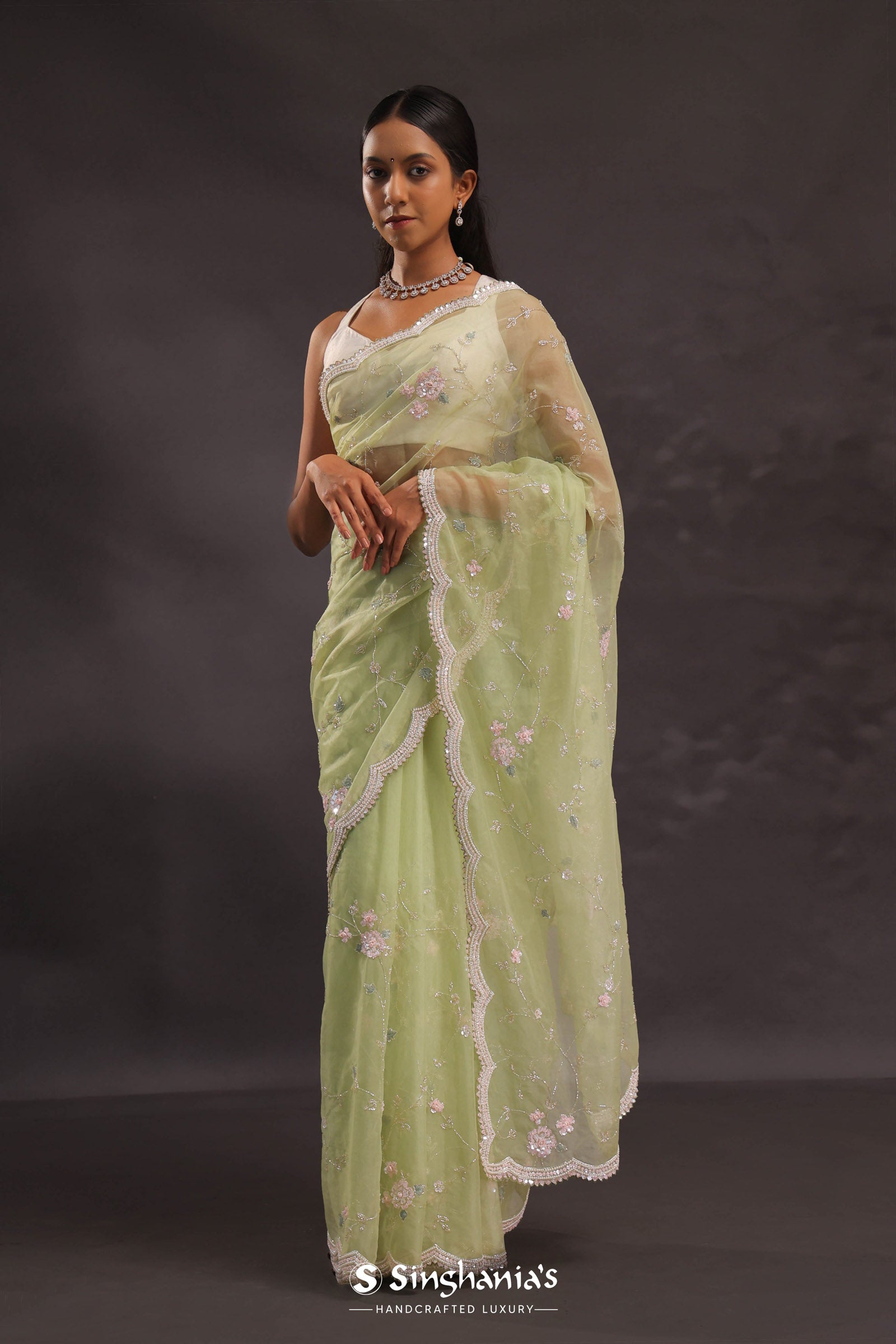 Soft Oilve Green Organza Embroidery Saree With Scallop Border