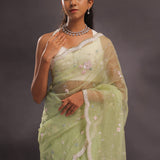 Soft Oilve Green Organza Embroidery Saree With Scallop Border
