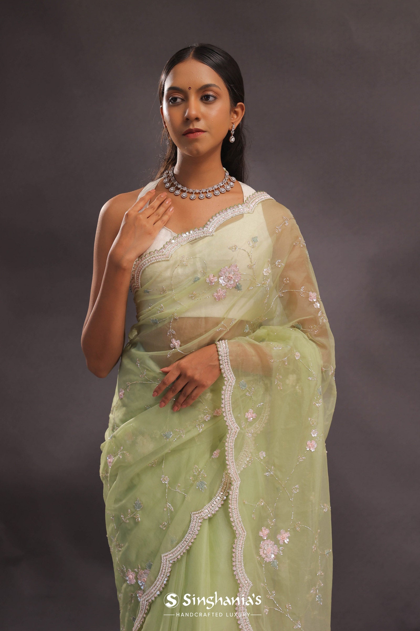 Soft Oilve Green Organza Embroidery Saree With Scallop Border