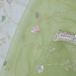 Soft Oilve Green Organza Embroidery Saree With Scallop Border