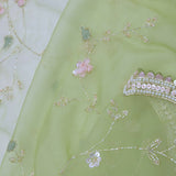 Soft Oilve Green Organza Embroidery Saree With Scallop Border