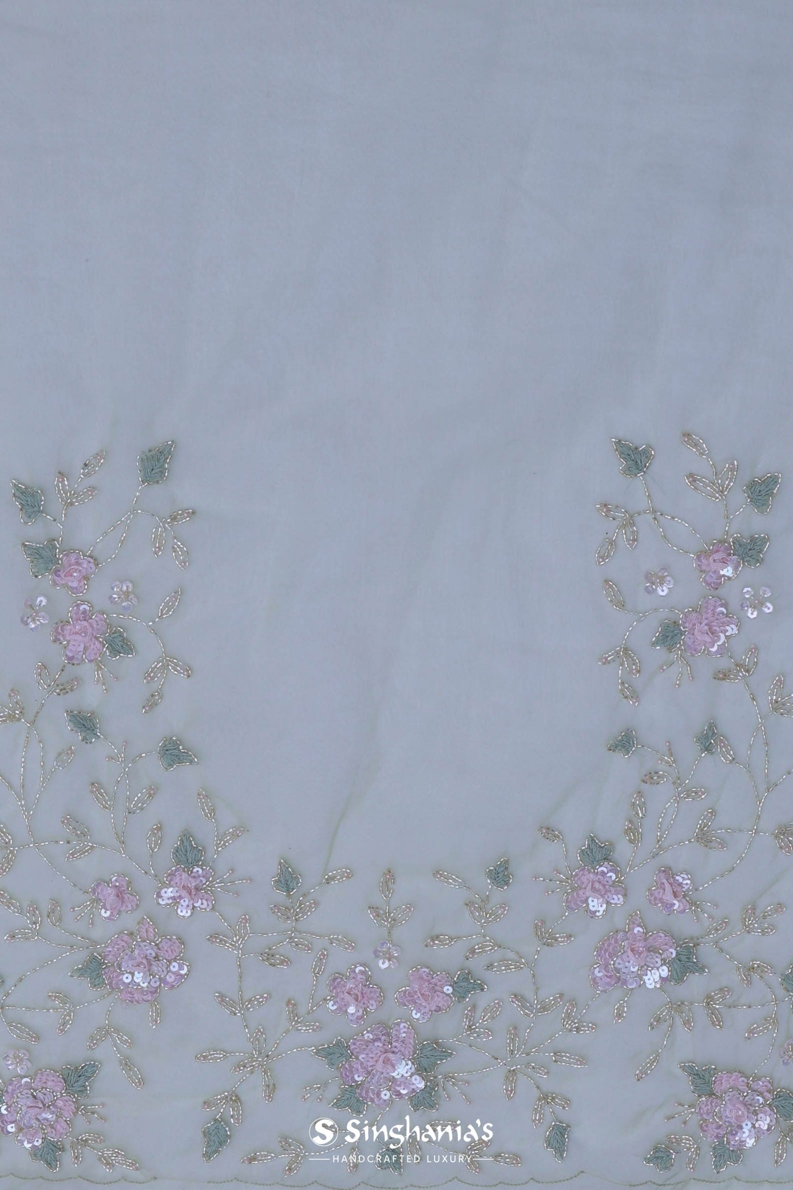 Soft Oilve Green Organza Embroidery Saree With Scallop Border