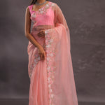 Salmon Pink Organza Embroidery Saree With Pearls And Sequins Detailing