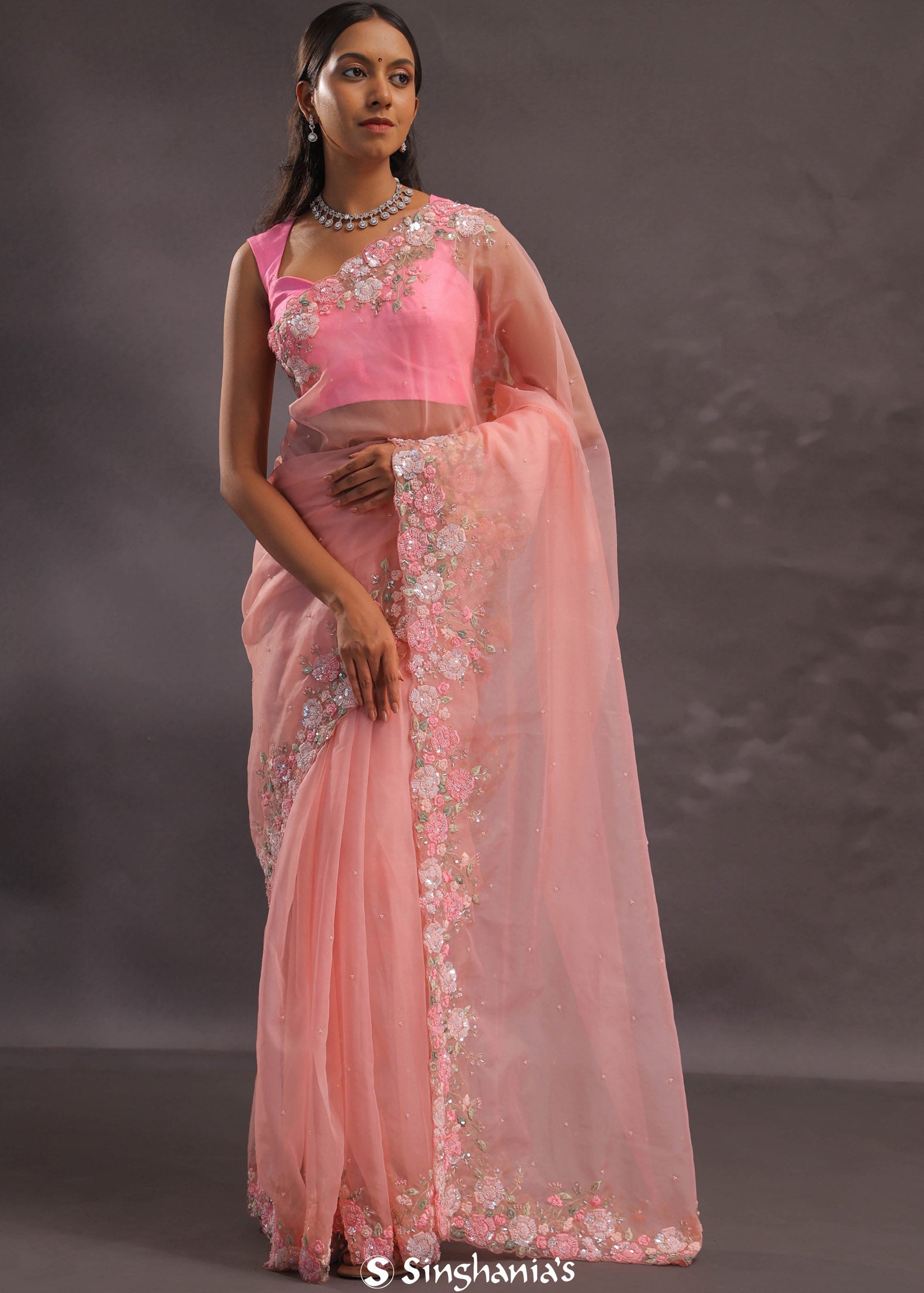 Salmon Pink Organza Embroidery Saree With Pearls And Sequins Detailing