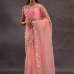 Salmon Pink Organza Embroidery Saree With Pearls And Sequins Detailing