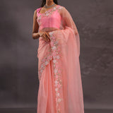 Salmon Pink Organza Embroidery Saree With Pearls And Sequins Detailing