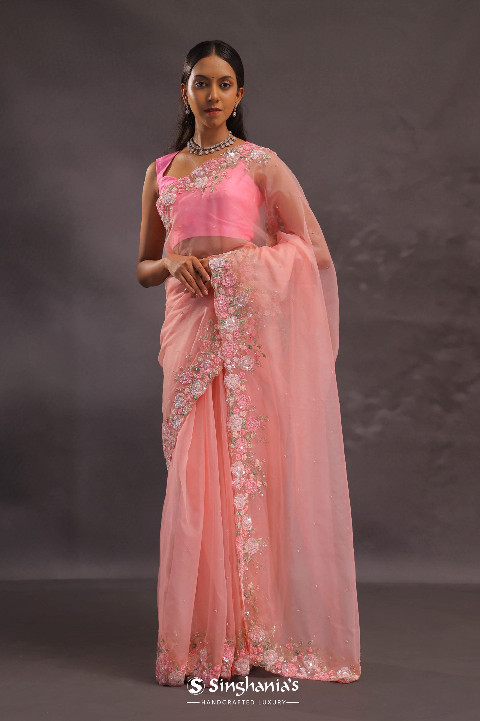 Salmon Pink Organza Embroidery Saree With Pearls And Sequins Detailing