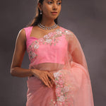 Salmon Pink Organza Embroidery Saree With Pearls And Sequins Detailing